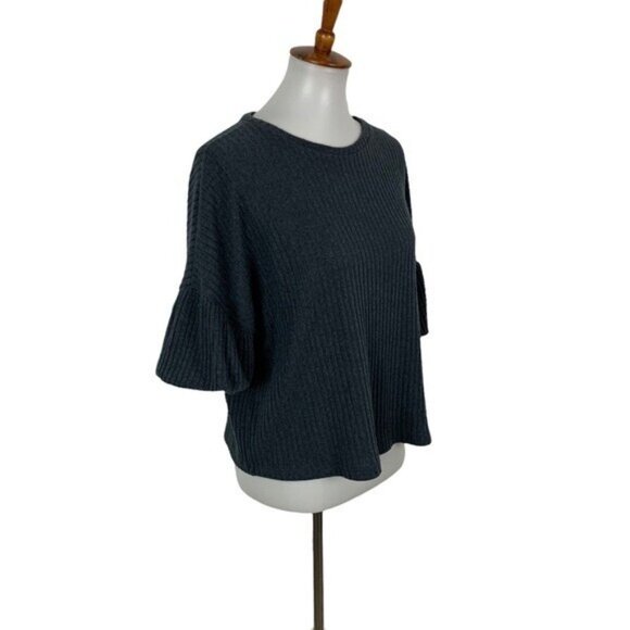 Tinywillow Dark Green Ribbed Knit Ruffle Sleeve Boho Chic Sweater Top Large - Picture 3 of 5